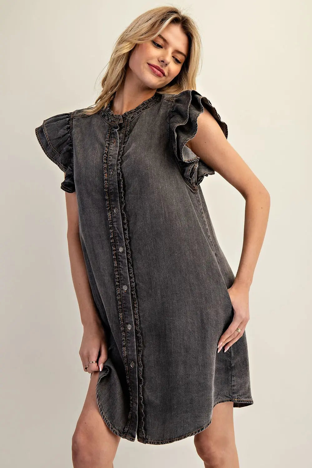 Snow Washed Button Down Ruffle Dress