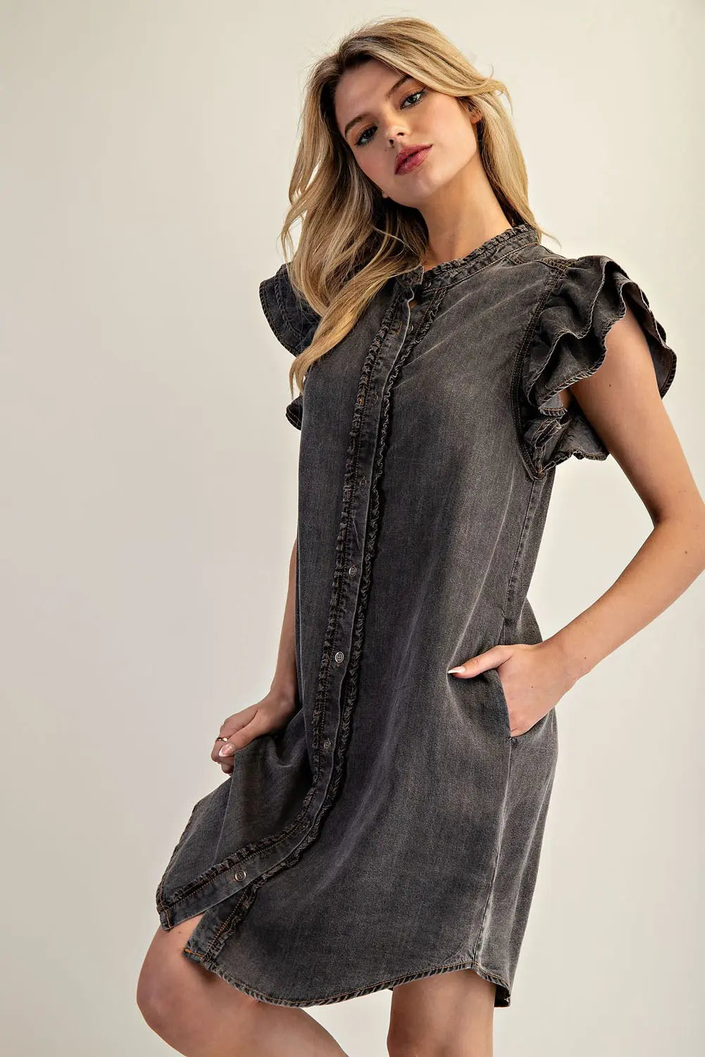 Snow Washed Button Down Ruffle Dress