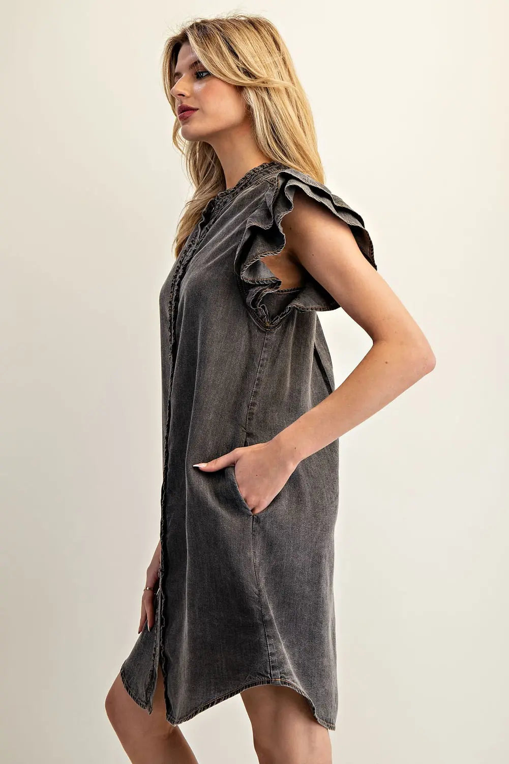 Snow Washed Button Down Ruffle Dress