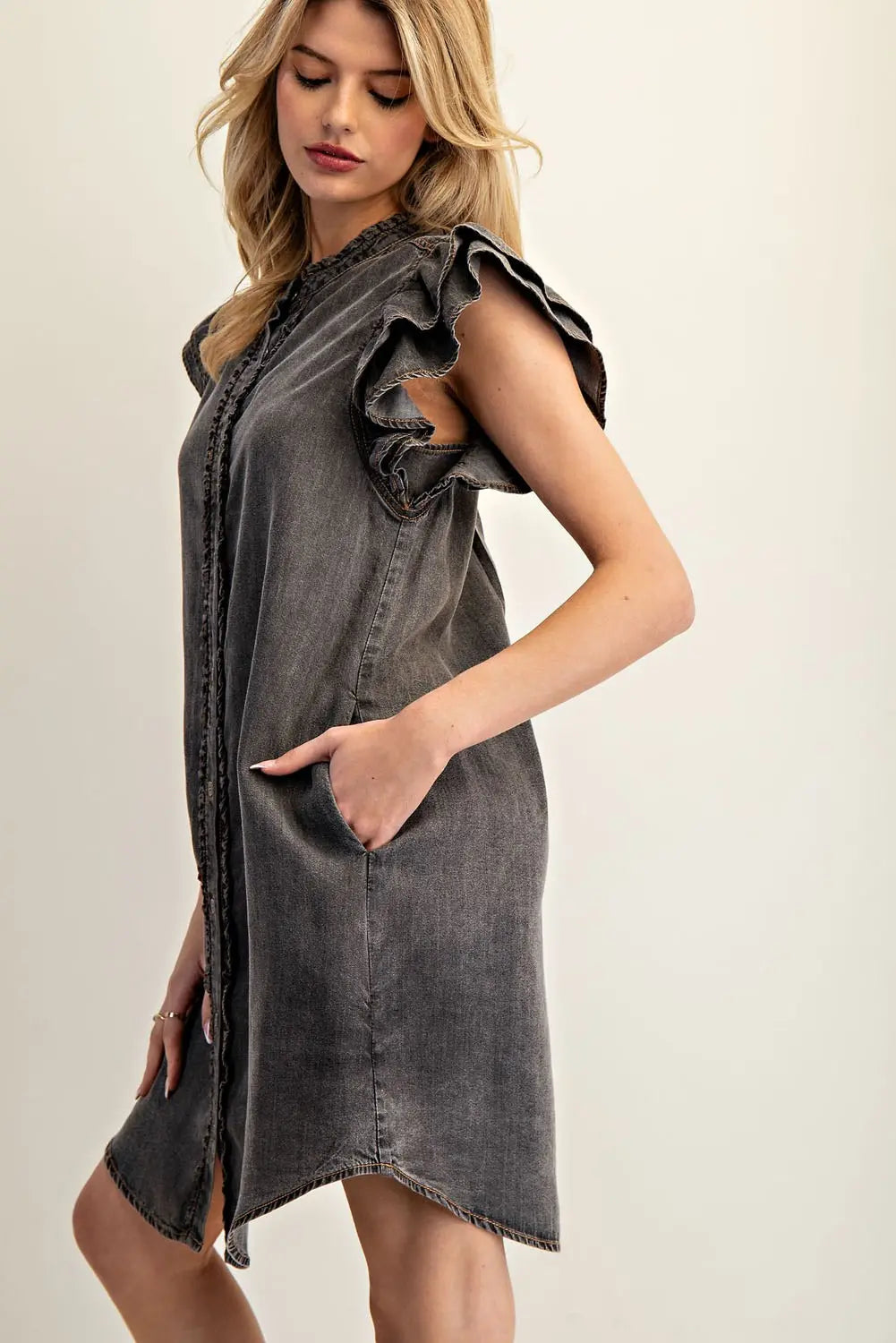 Snow Washed Button Down Ruffle Dress