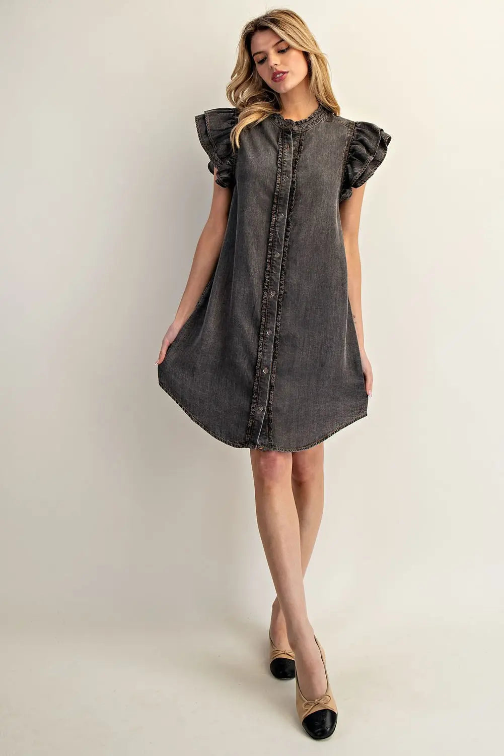 Snow Washed Button Down Ruffle Dress