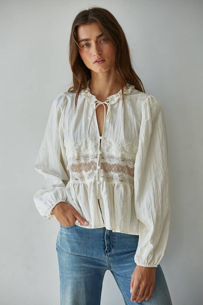 Off White Sheer Lace Detail Blouse