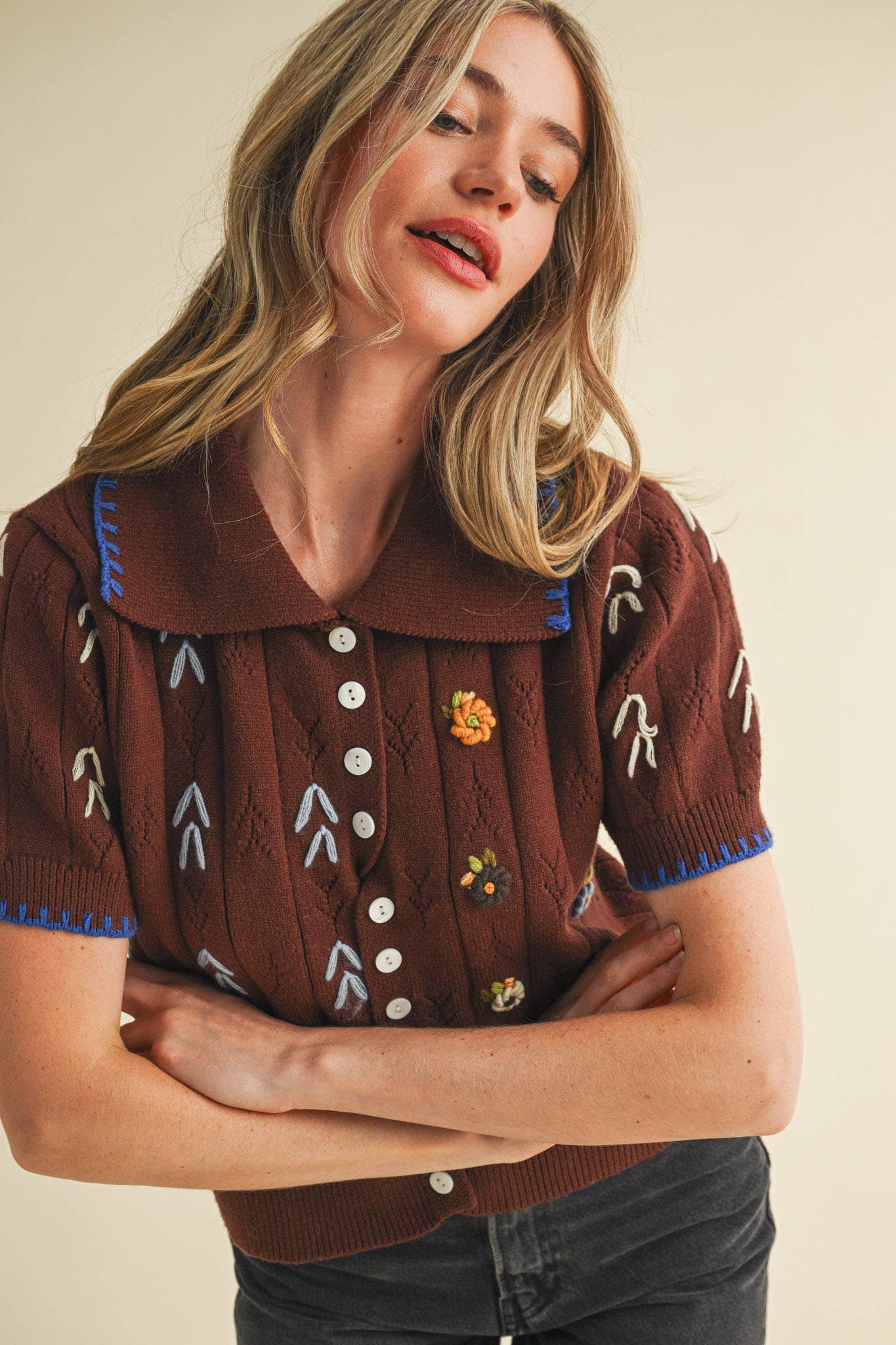 Brown Hand Embroidered Short Sleeve Button Down Sweater