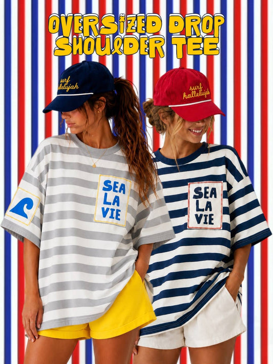 Sea La Vie Oversized Patch Stripe Tee: Navy Stripe