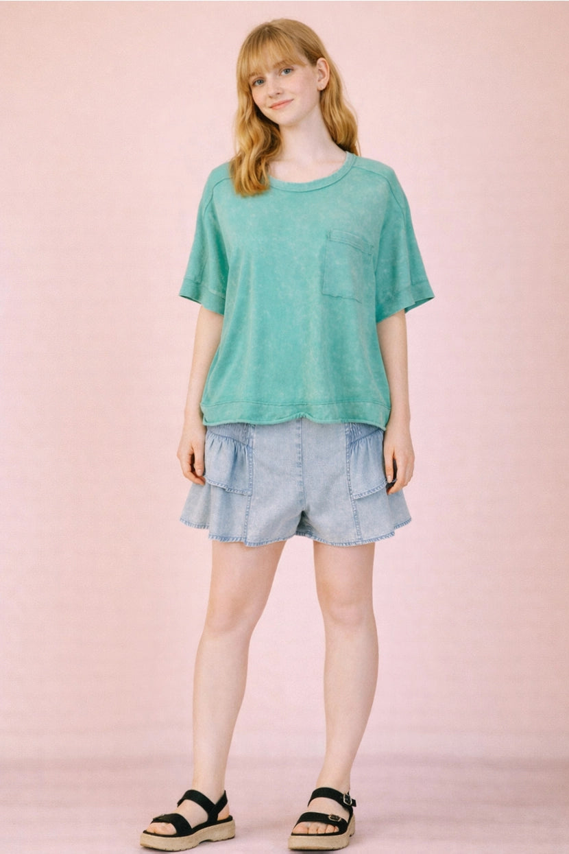 Seafoam Mineral Washed Oversized Crop Comfy Knit Top