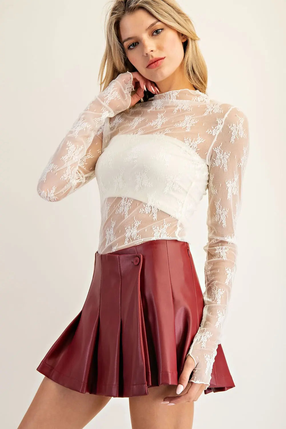 Crimson Bloom Faux Leather Mini Skort