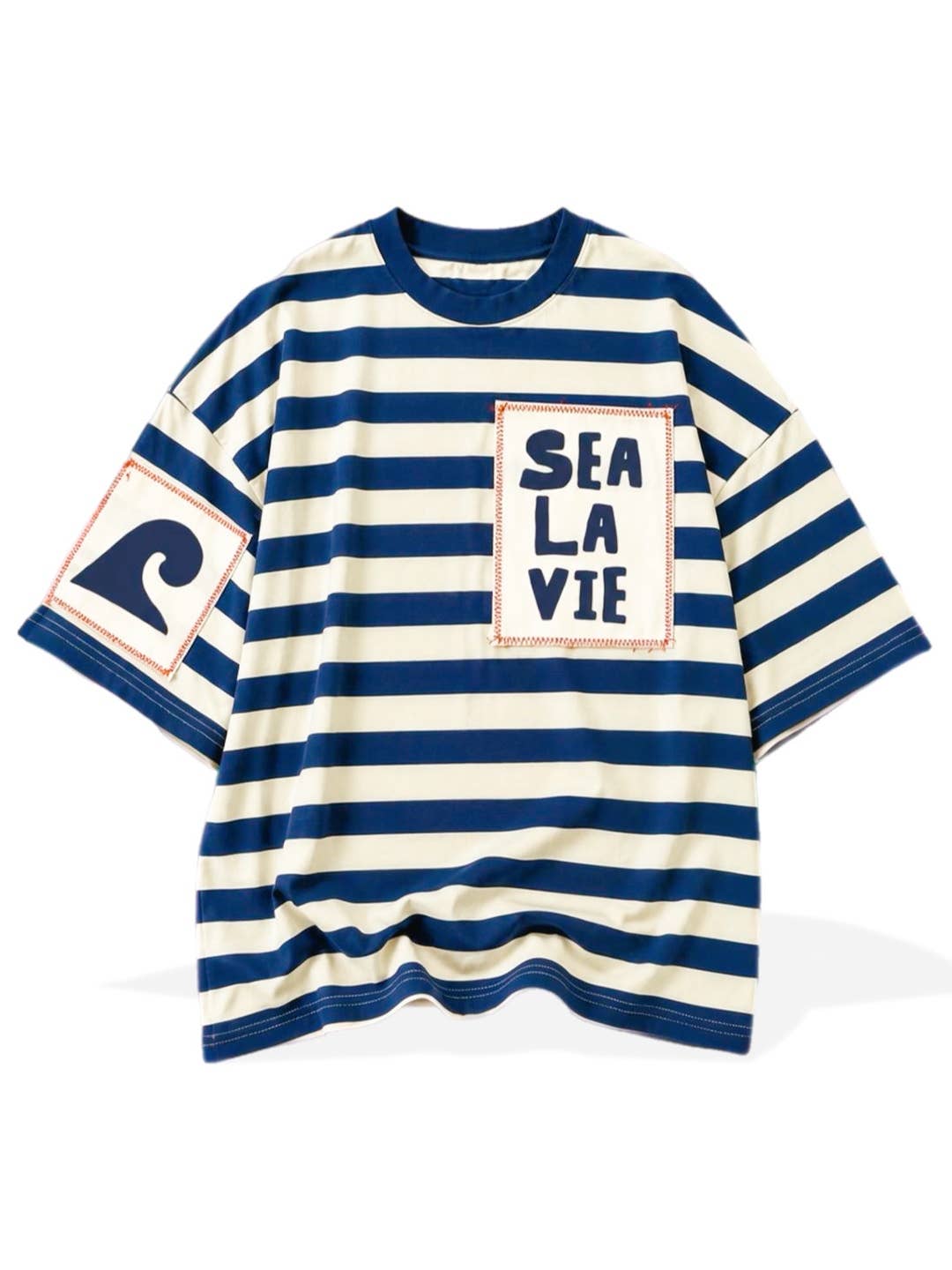 Sea La Vie Oversized Patch Stripe Tee: Navy Stripe / XS