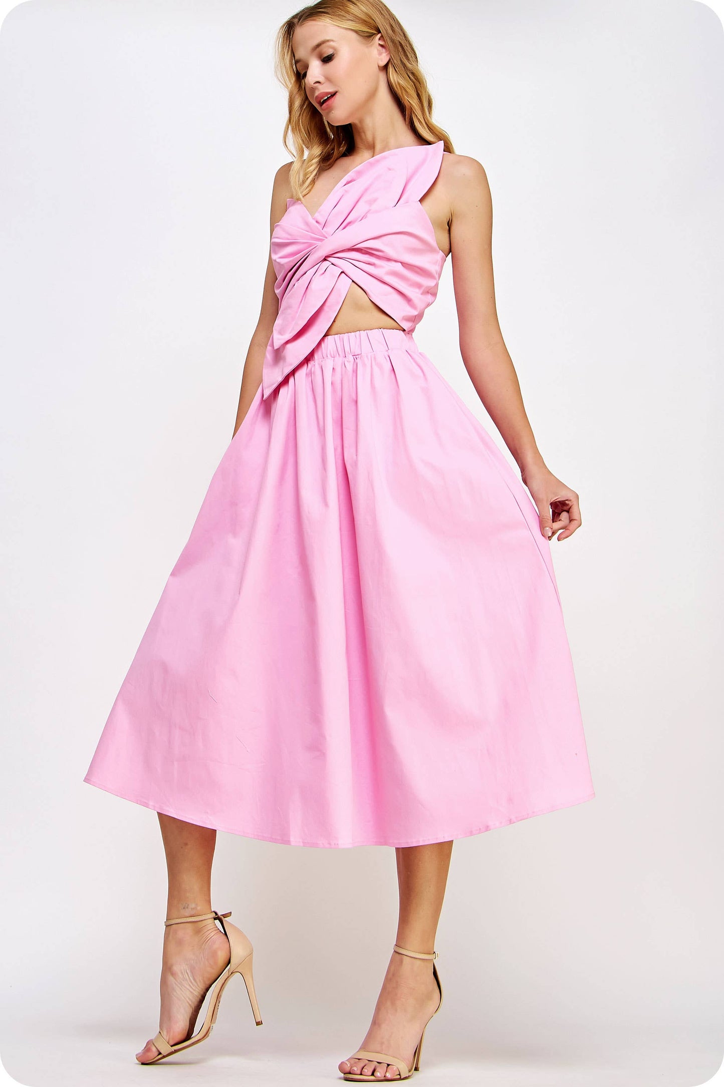 Knotted Flower Bow Midi Dress: Cherry Red / S