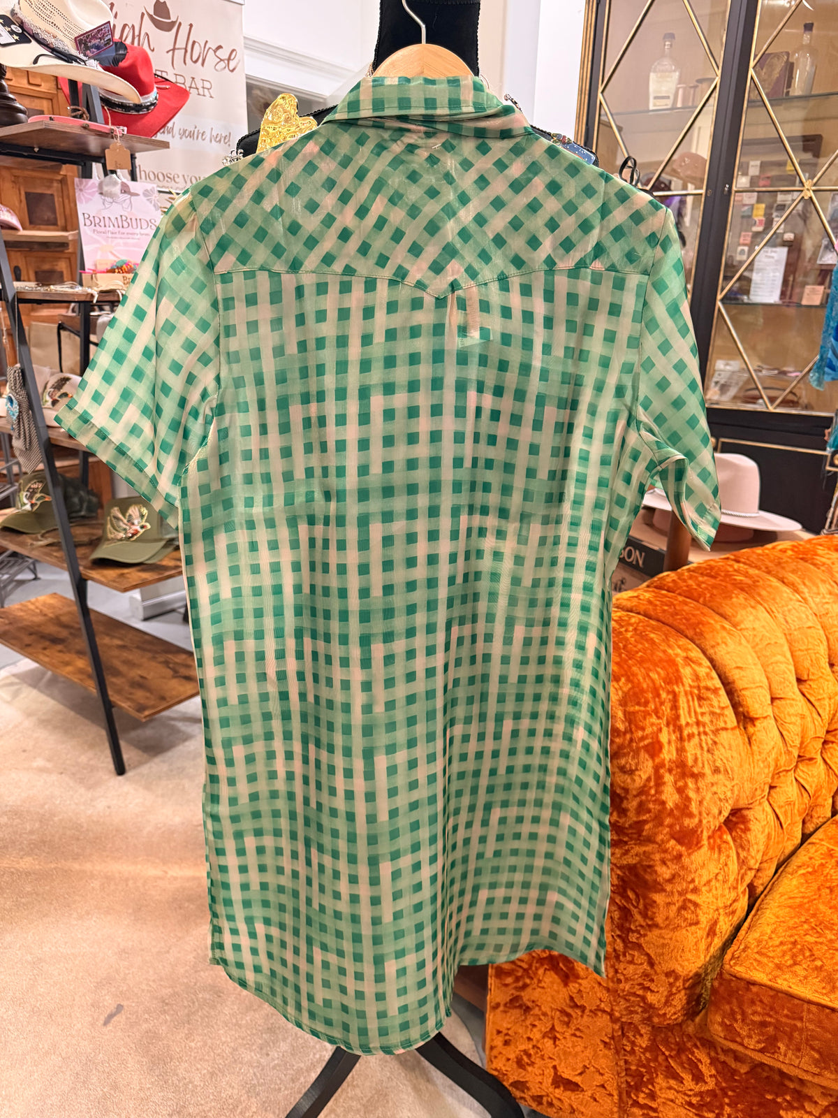 LAUREL GREEN GINGHAM MINI DRESS W/TIE-SMALL