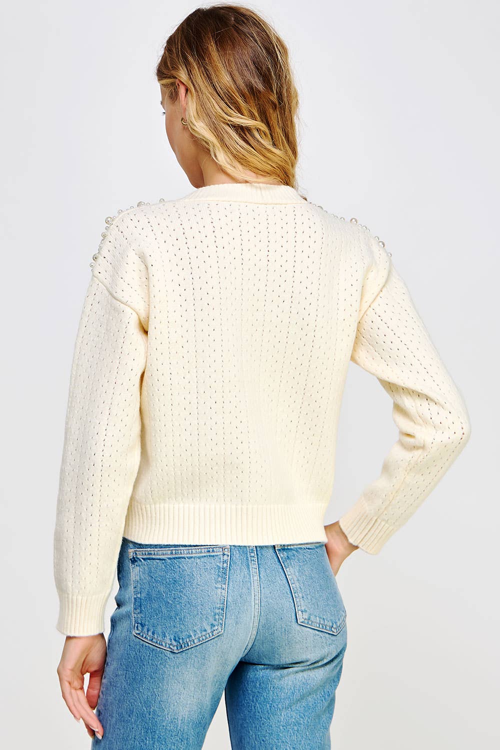 Cream Pearl Studded Eyelet Knit Cardigan Sweater