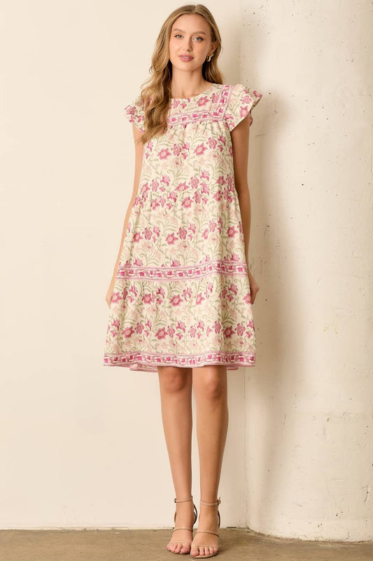 BOHEMIAN PRINT MINI DRESS: IVORY/PINK