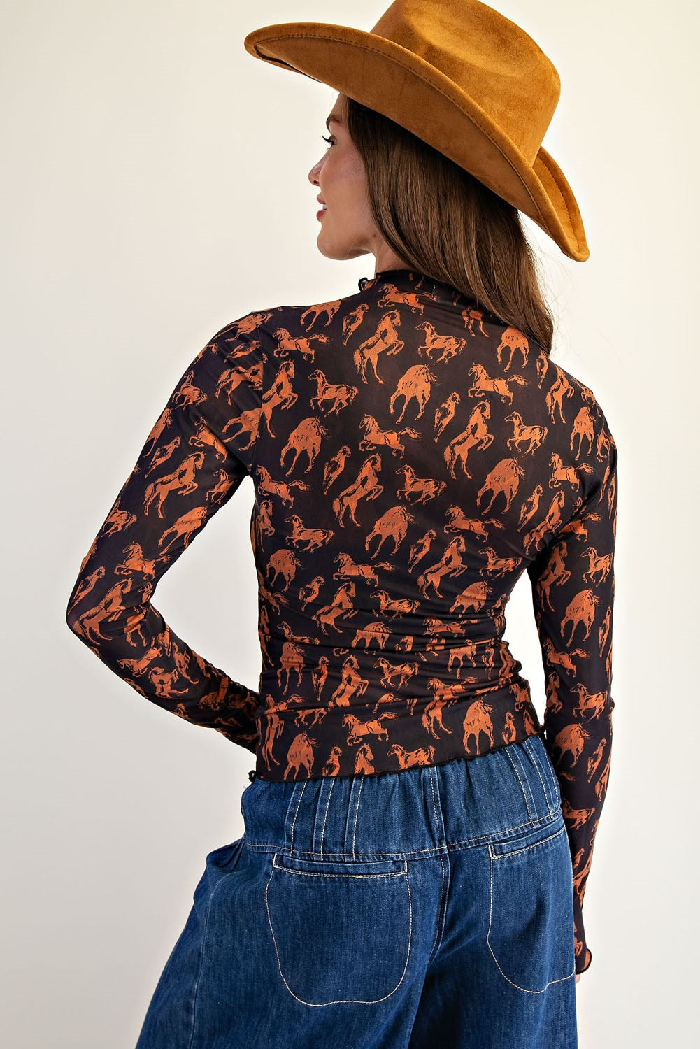 Black Horse Printed Mesh Long Sleeve Top