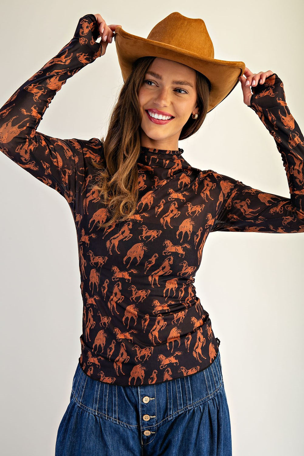Black Horse Printed Mesh Long Sleeve Top