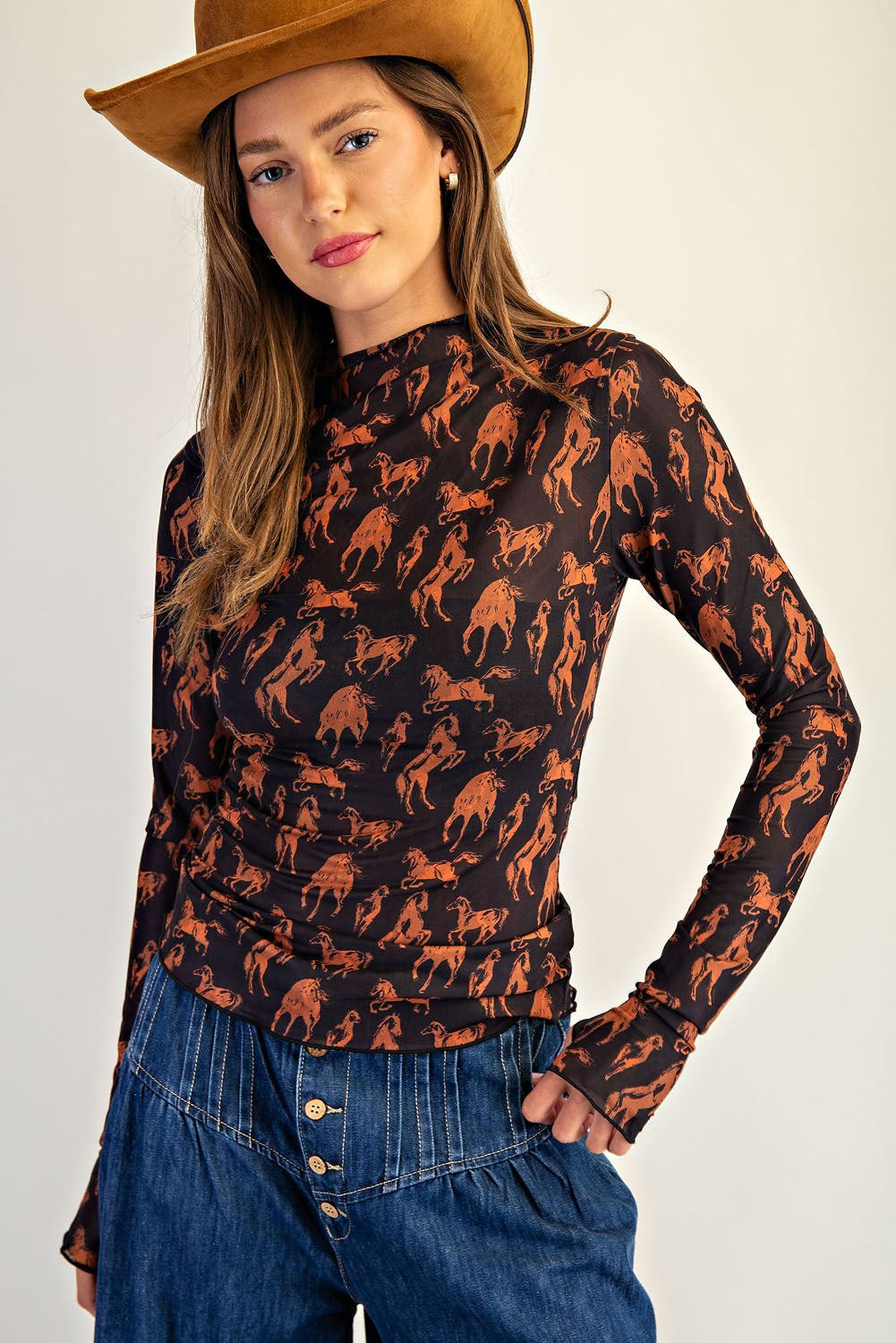 Black Horse Printed Mesh Long Sleeve Top