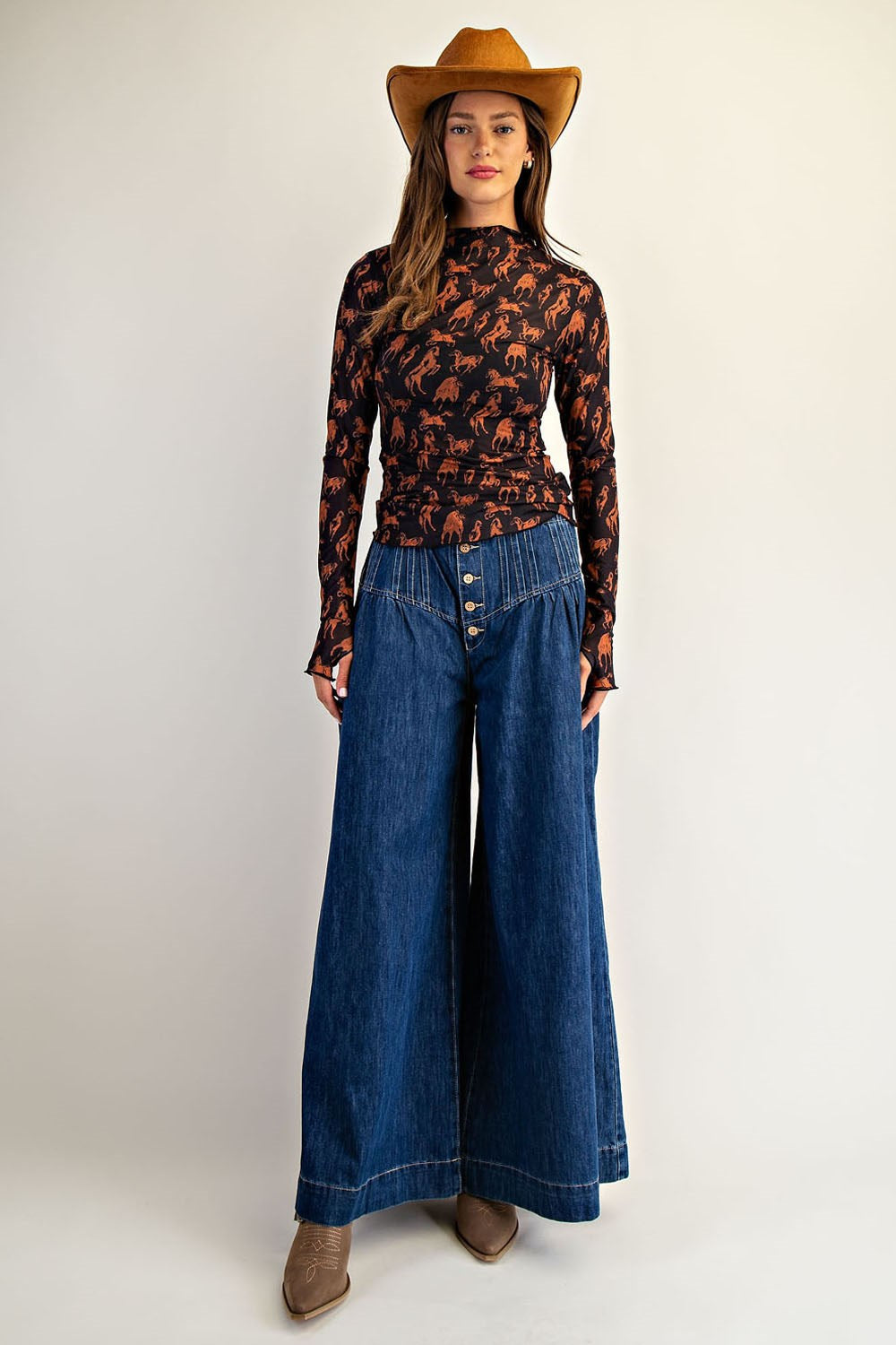 Black Horse Printed Mesh Long Sleeve Top