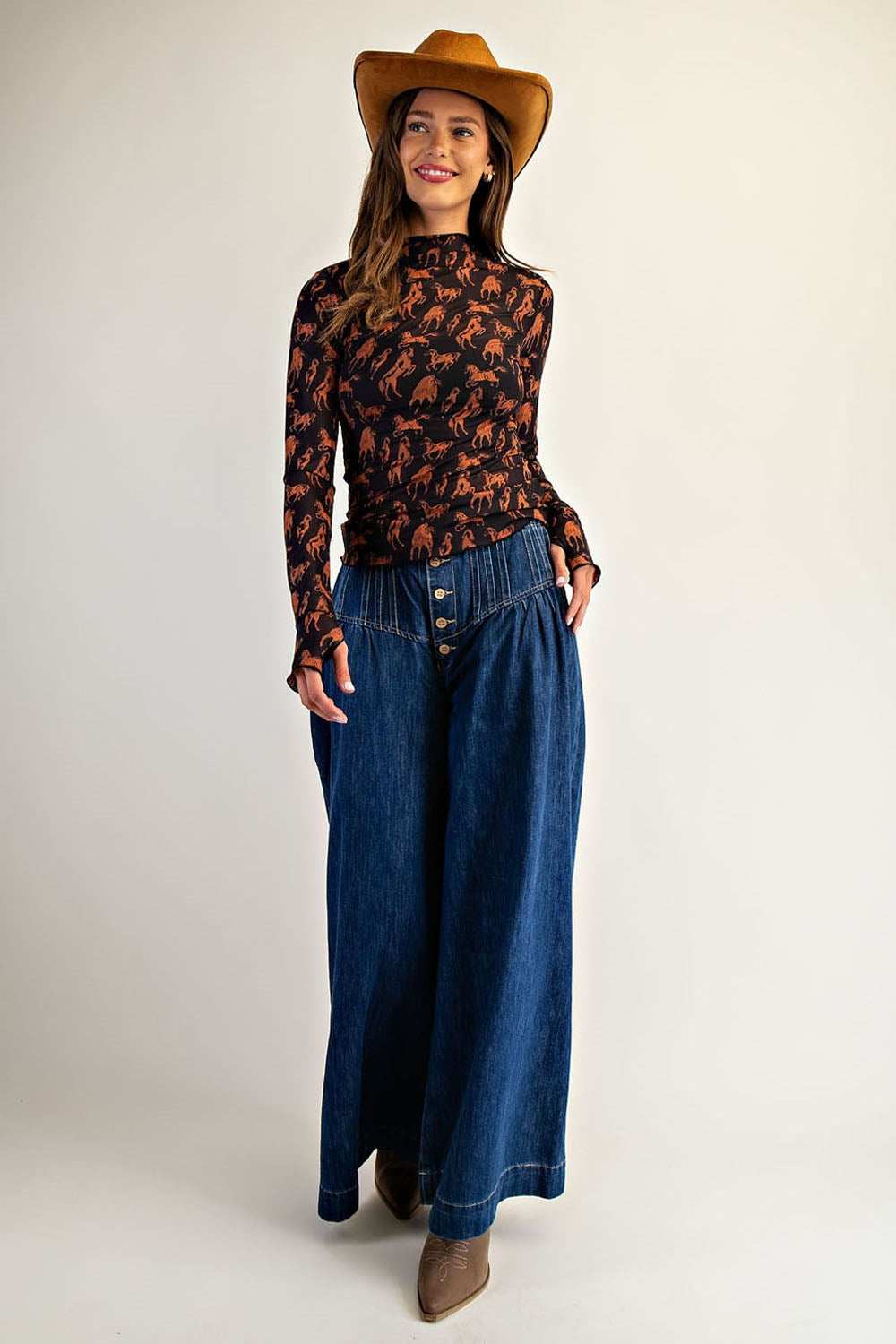 Black Horse Printed Mesh Long Sleeve Top