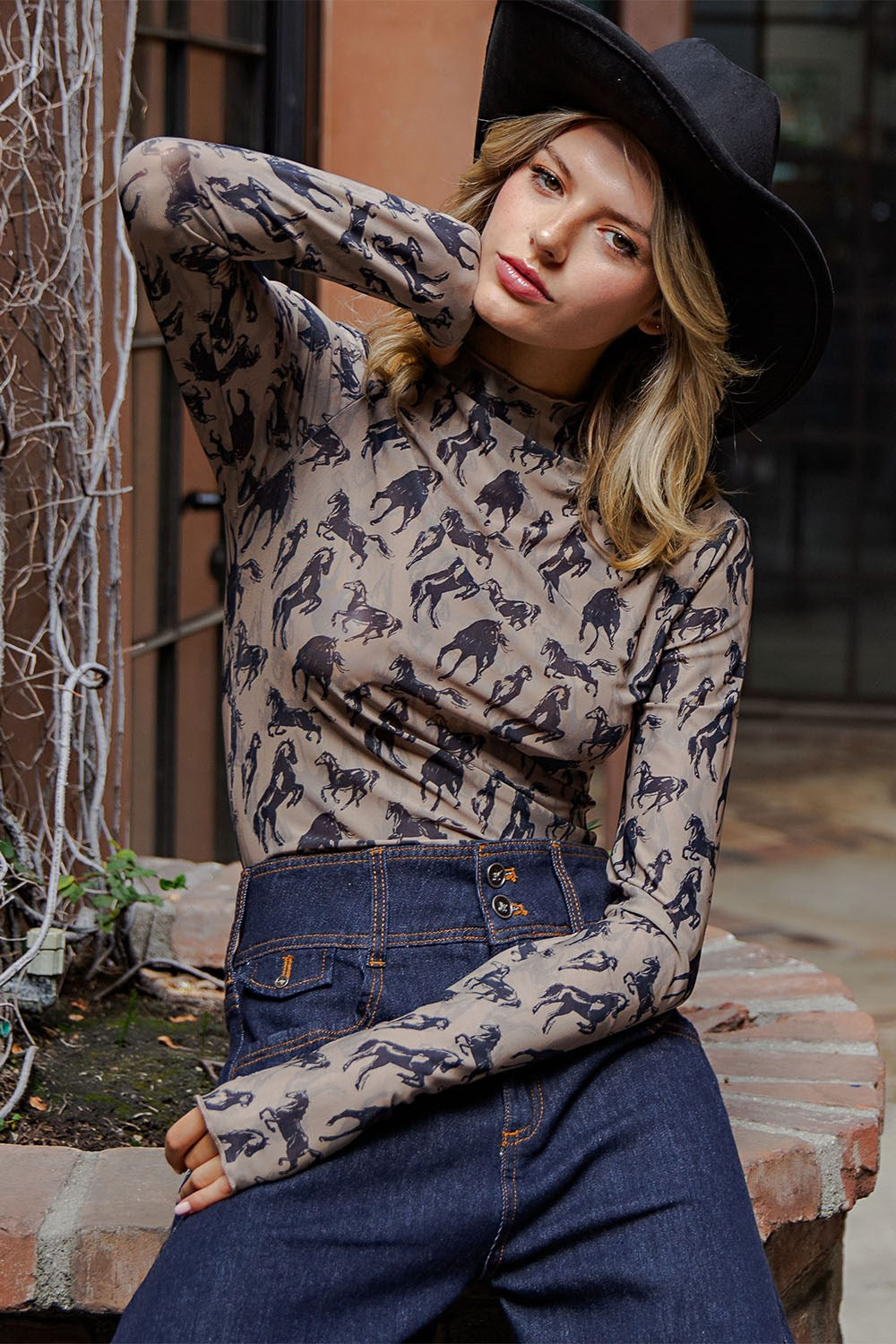 Mesh Horse Graphic Mock Neck Top