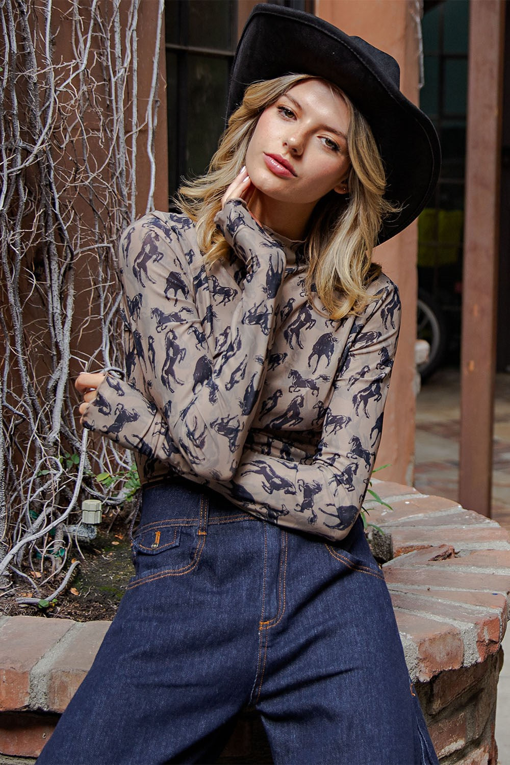 Mesh Horse Graphic Mock Neck Top