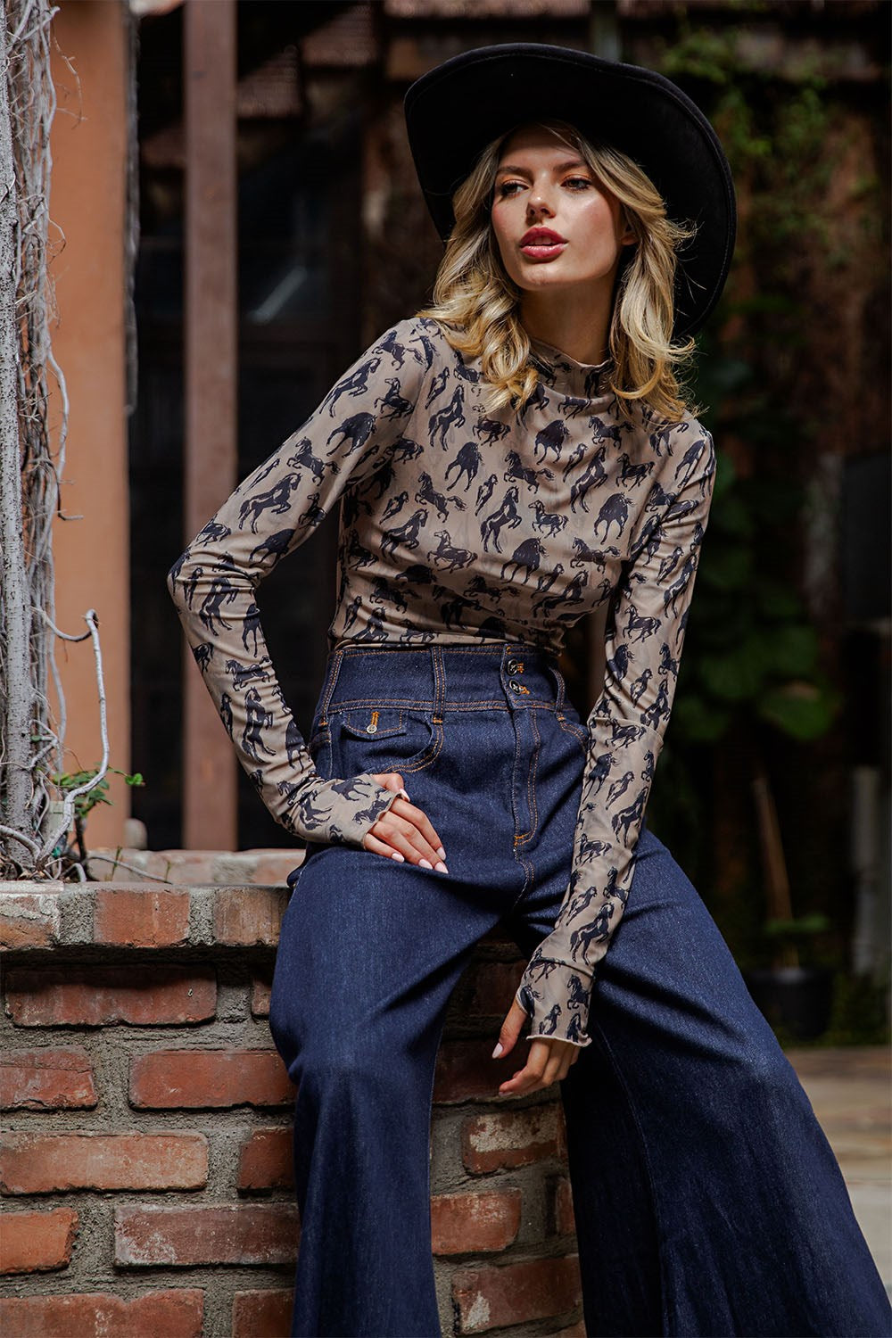 Mesh Horse Graphic Mock Neck Top