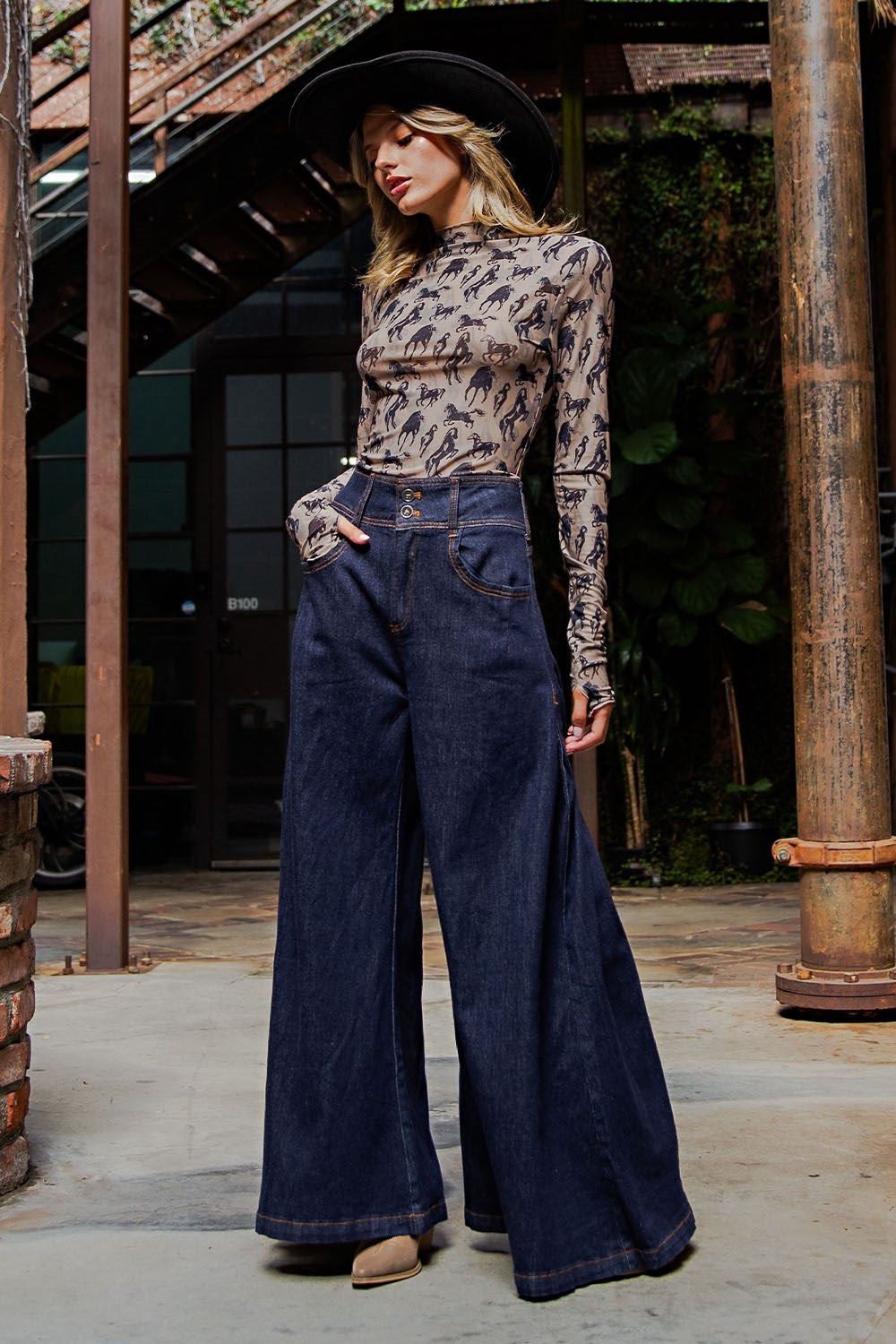 Mesh Horse Graphic Mock Neck Top