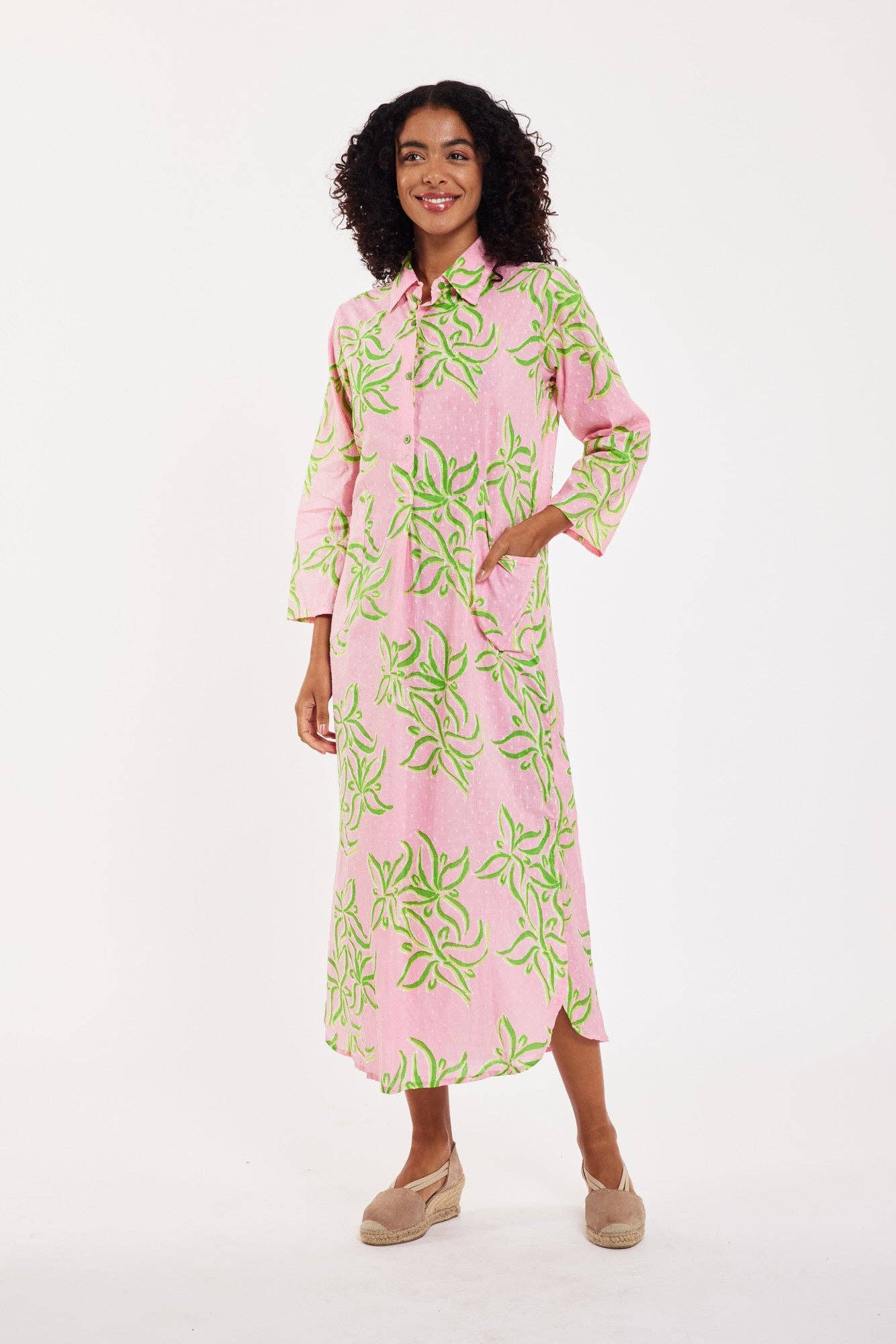 Gabriella Maxi Caftan Shirt Dress Pink Green Spring Summer: M