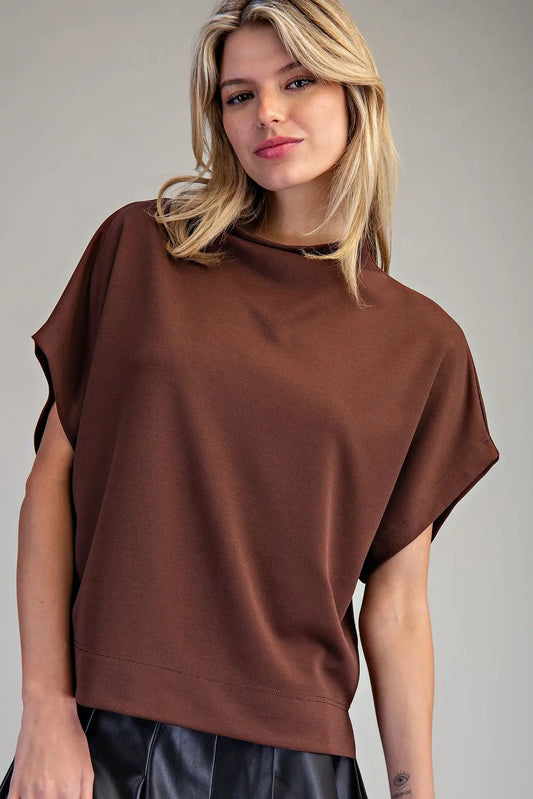 Brown Mock Neck Short Sleeve Top