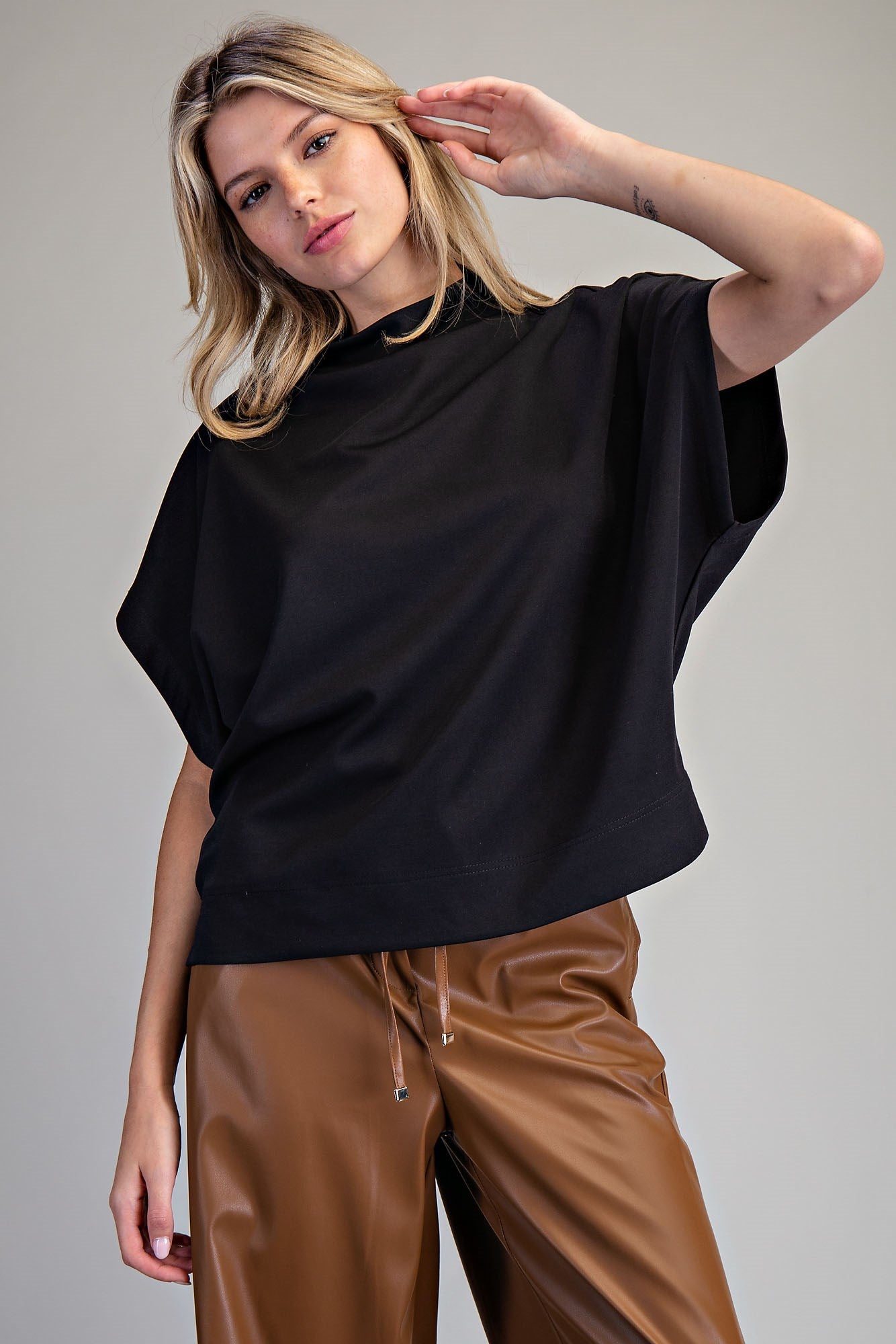 Black Mock Neck Short Sleeve Top