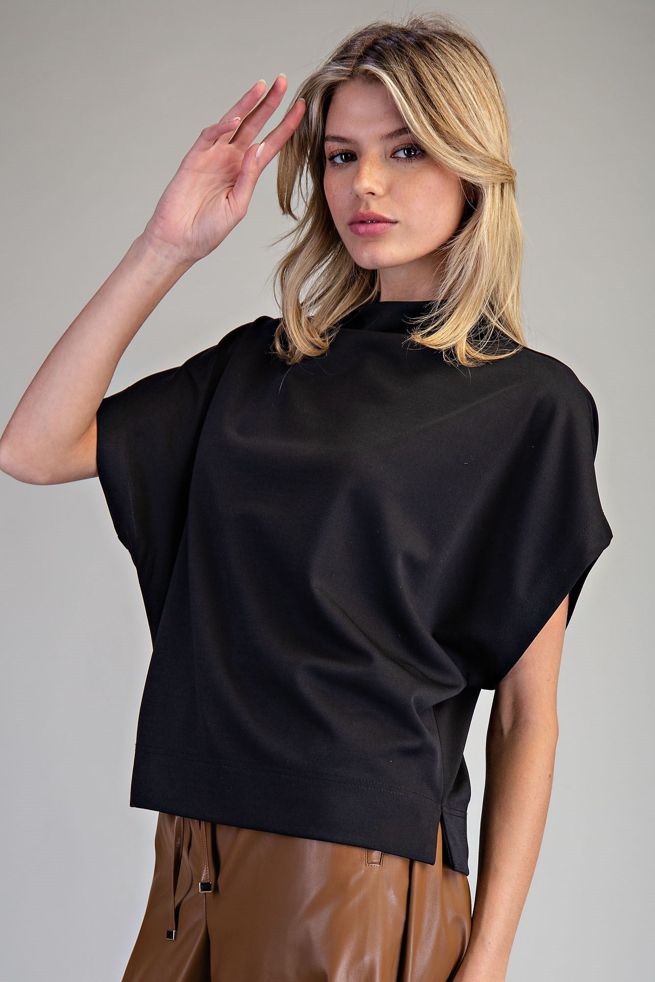Black Mock Neck Short Sleeve Top