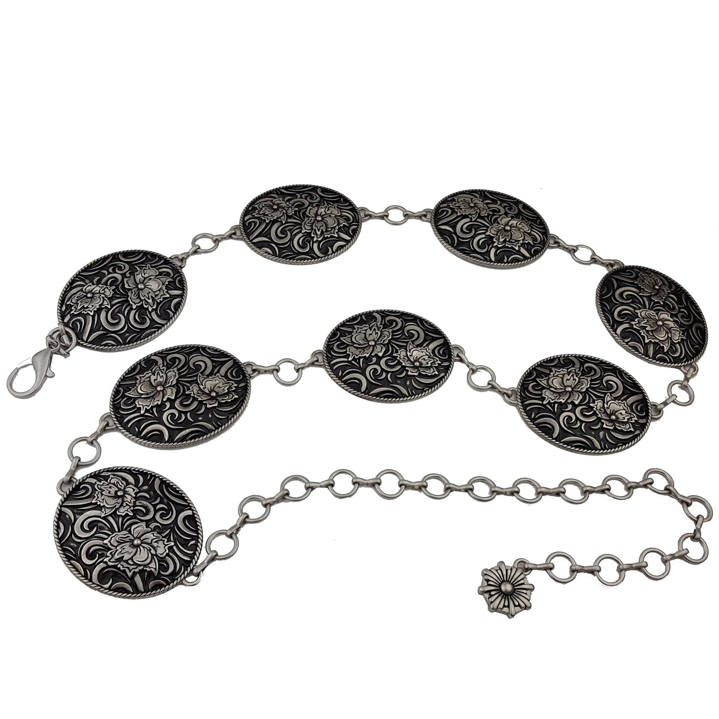 Silver Western-Inspired Oval Concho Chain Belt