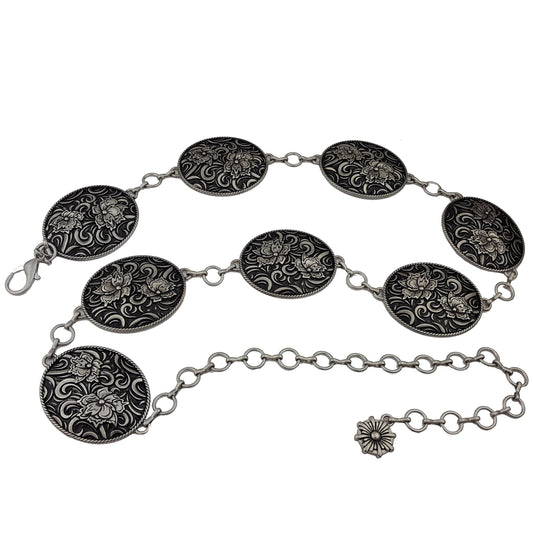 Silver Western-Inspired Oval Concho Chain Belt