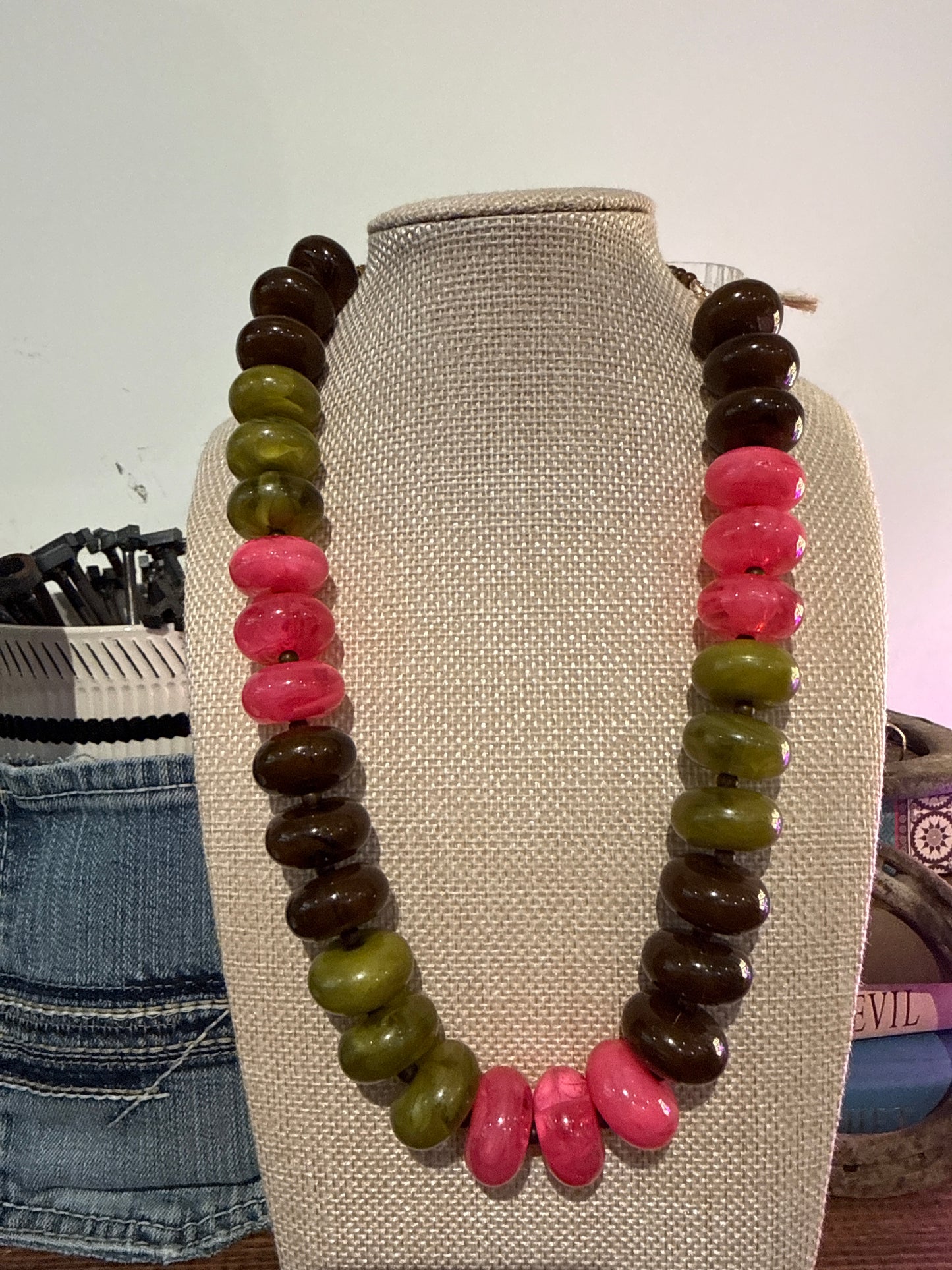 Chocolate, Olive and Pink Chunky Beaded Necklace