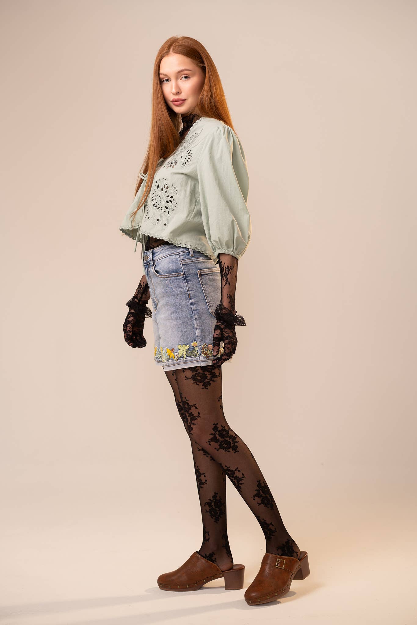 High Rise Cuffed Floral Embroidered Denim Shorts