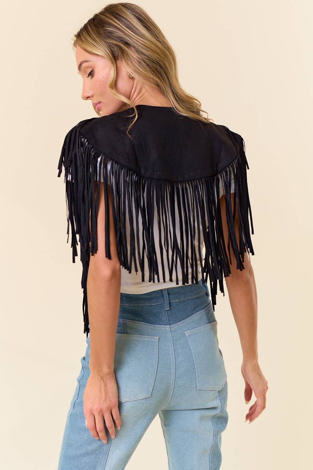 Black Fringe Suede Collar Shrug