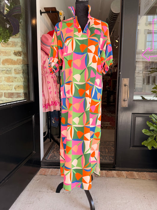 Petal Pop Stand Collar Drop Shoulder Midi Dress