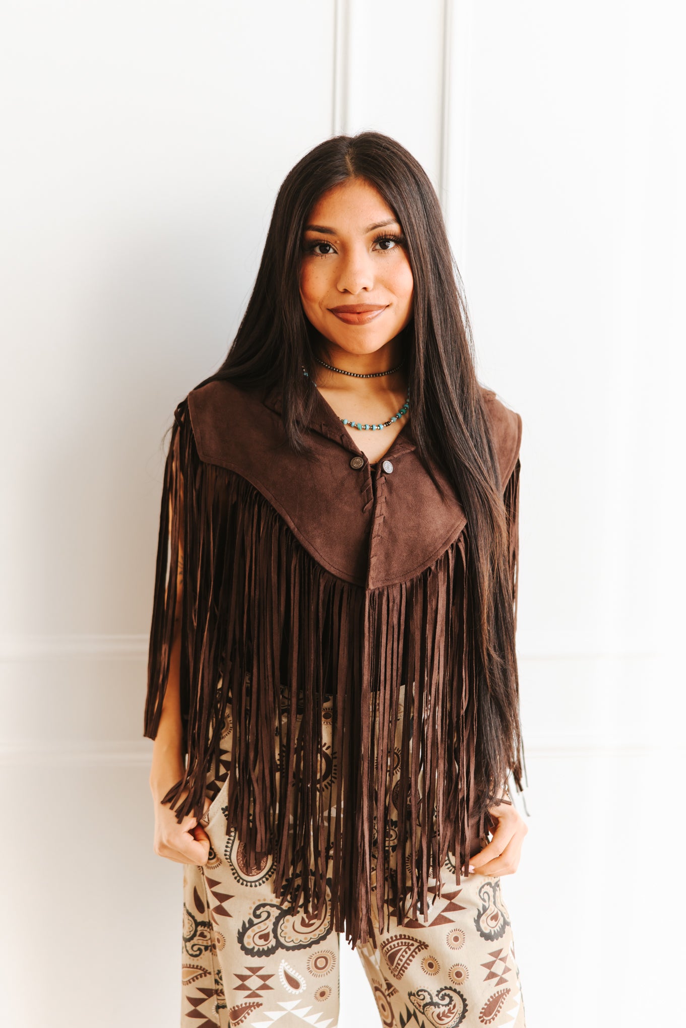 Brown Suede Handstitched Collar Cape with Fringe