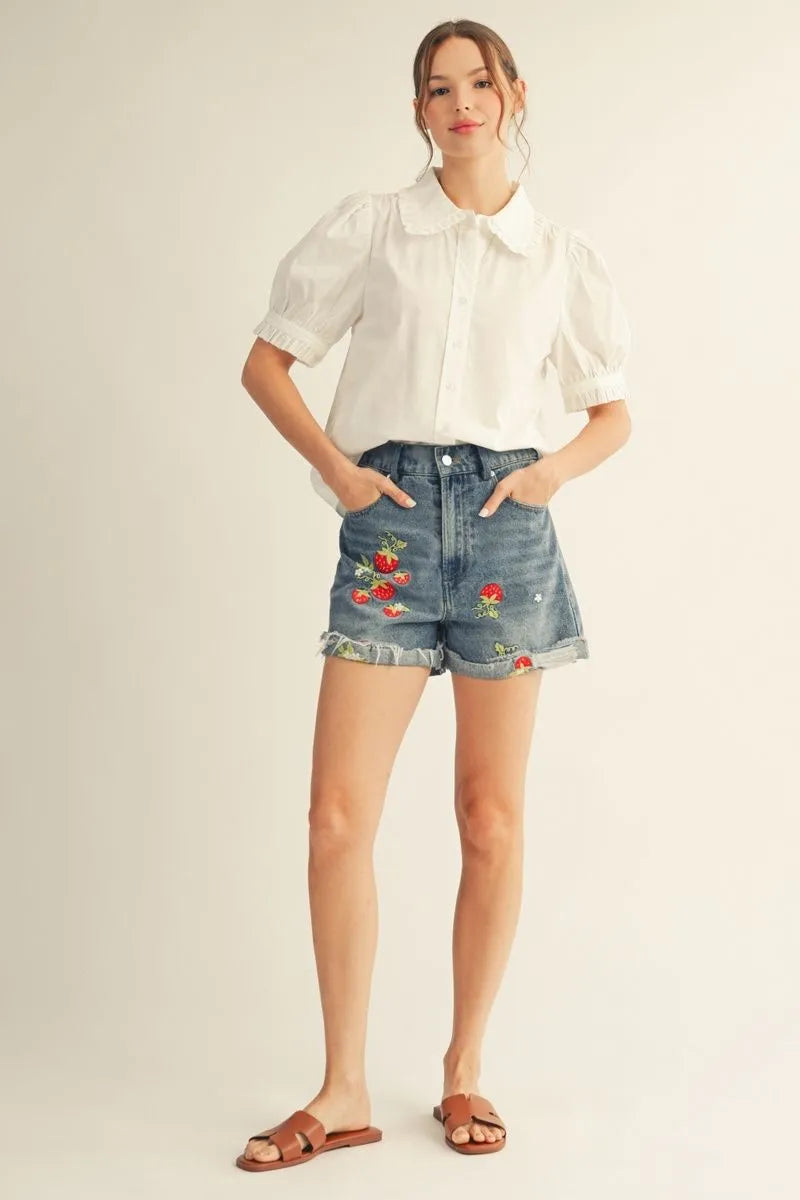 Strawberry Embroidered Denim Shorts