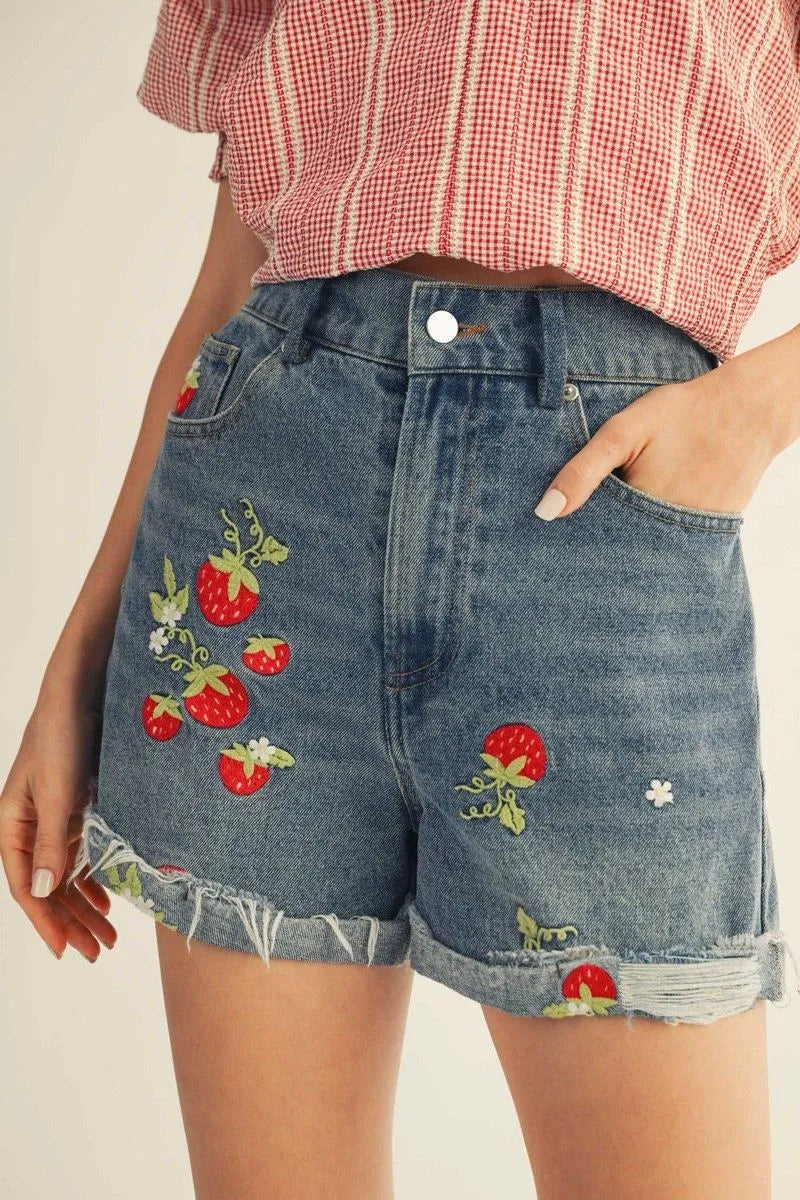 Strawberry Embroidered Denim Shorts