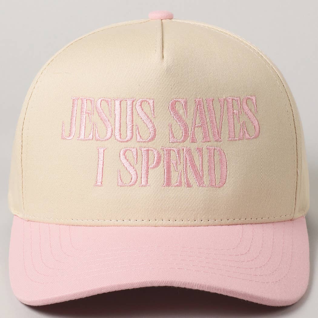 JESUS SAVES I SPEND Embroidery Trucker Hat: HOT PINK / ONE SIZE
