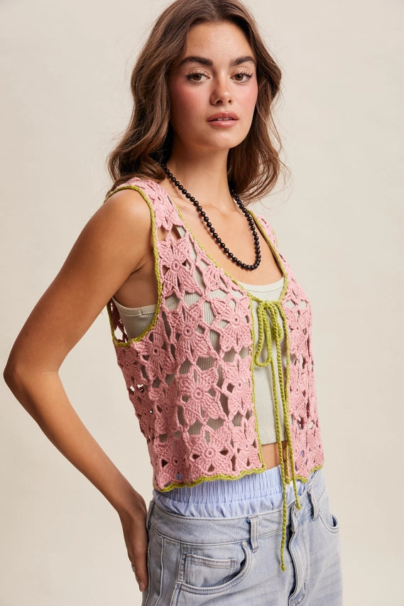 Strawberry Crochet Flower Tie-Front Vest