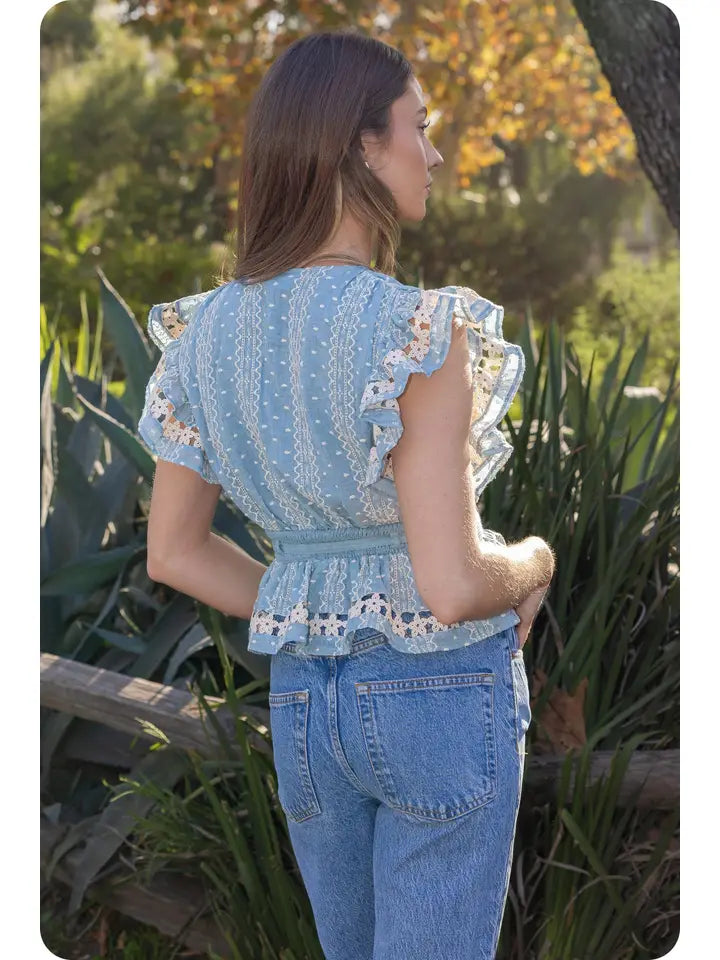 Chambray Embroidered Flutter Sleeves Lace Trim Detail Top