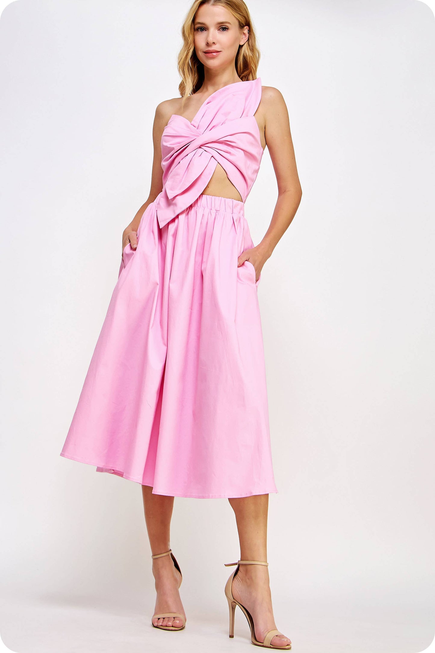 Knotted Flower Bow Midi Dress: Cherry Red / S