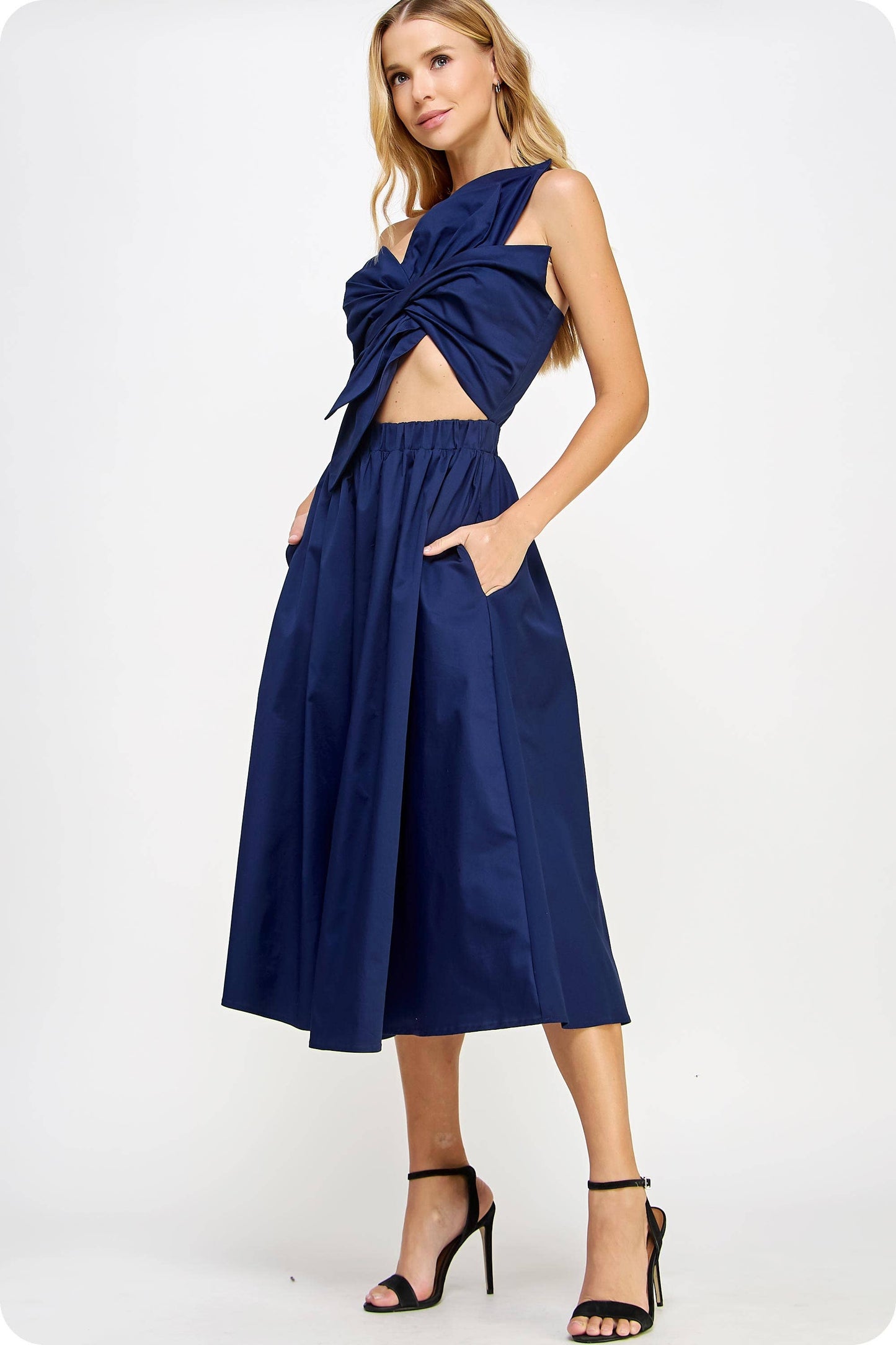 Knotted Flower Bow Midi Dress: Cherry Red / S