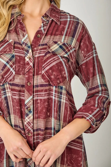 Maroon Plaid Button Up Dress