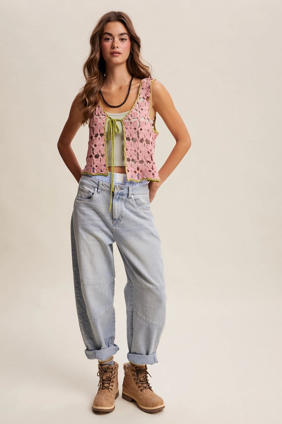 Strawberry Crochet Flower Tie-Front Vest