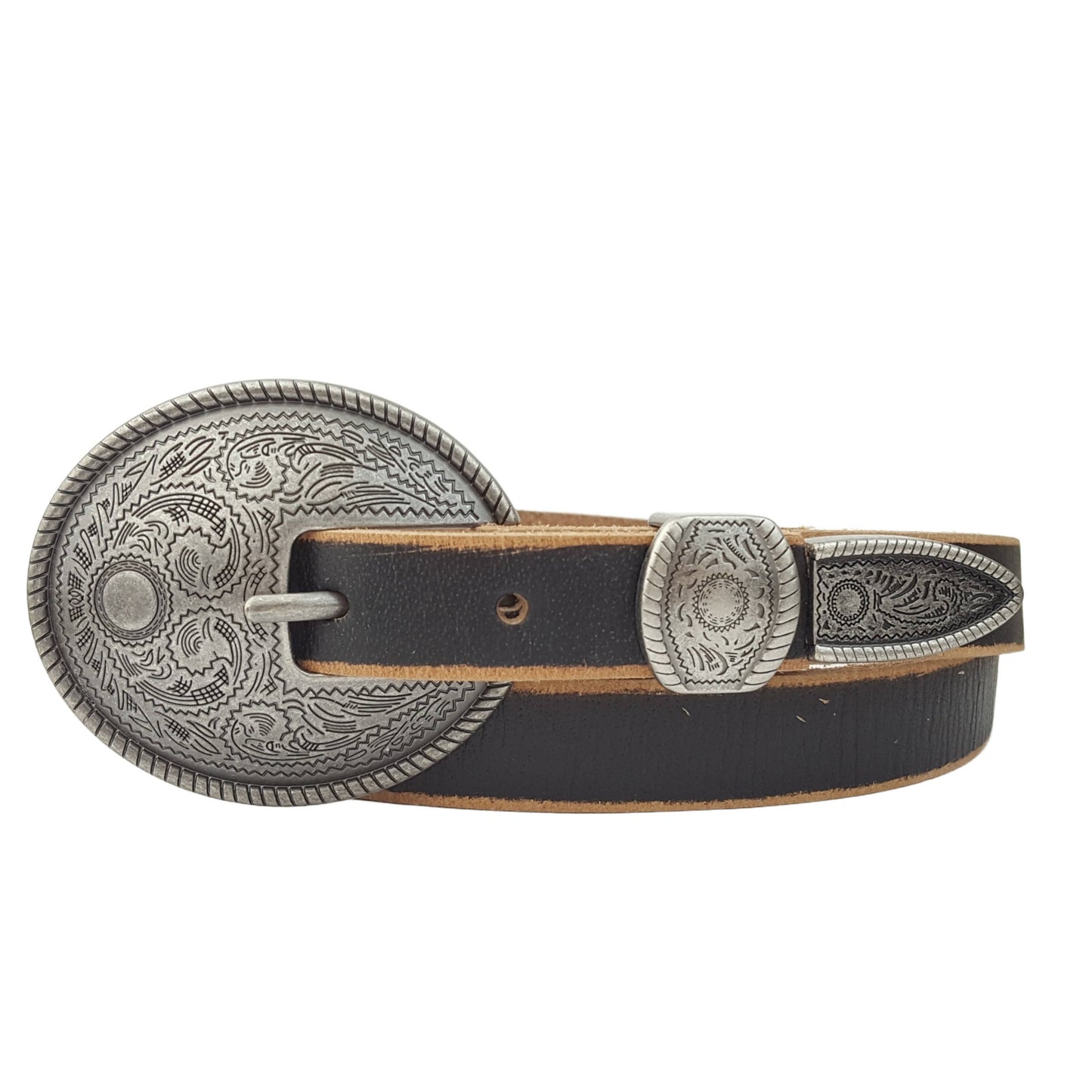 Brown Vintage Skinny Leather Belt w.  antique silver floral buckle