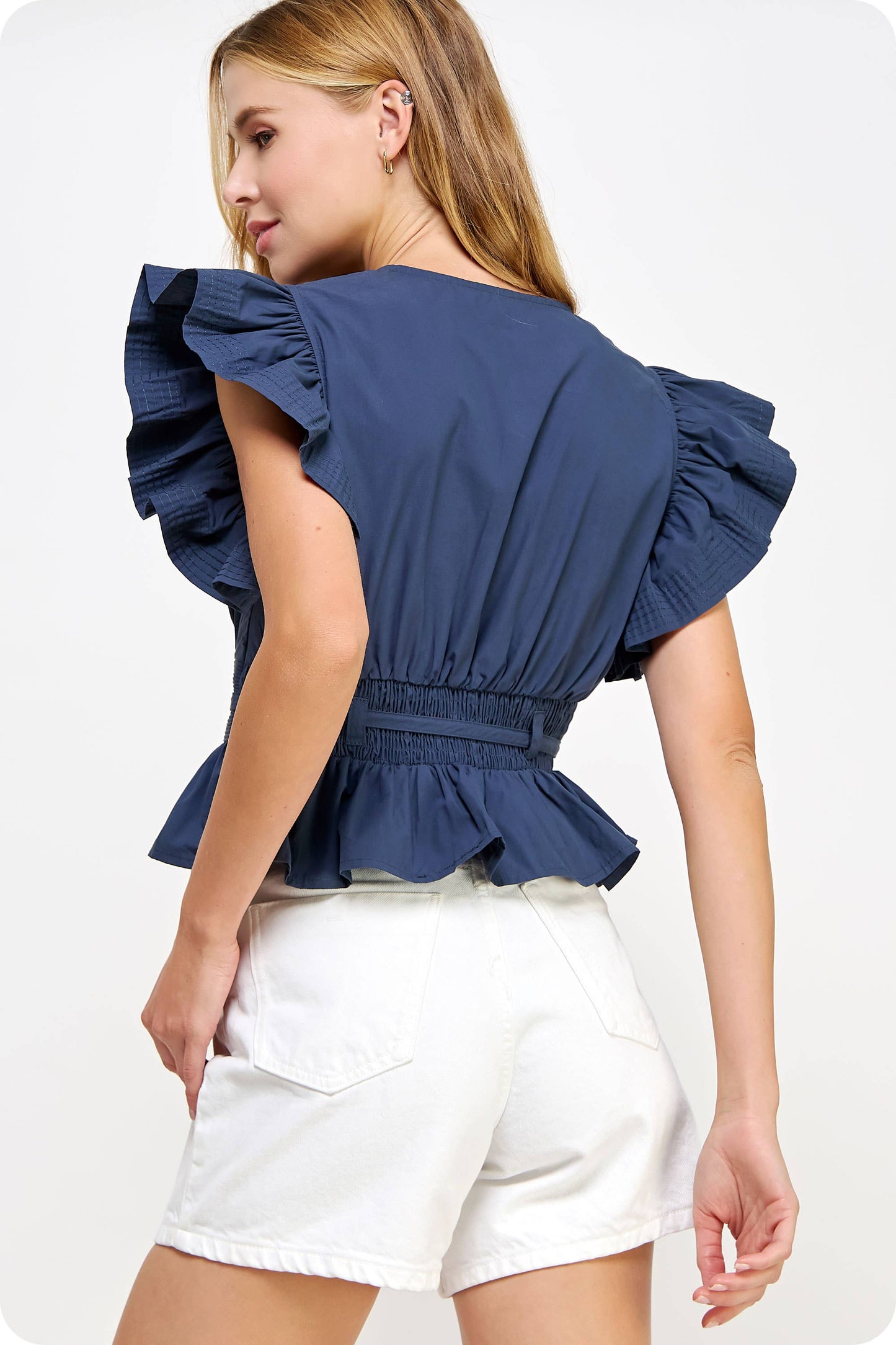 Flutter Sleeve Peplum Poplin Top: Red / M