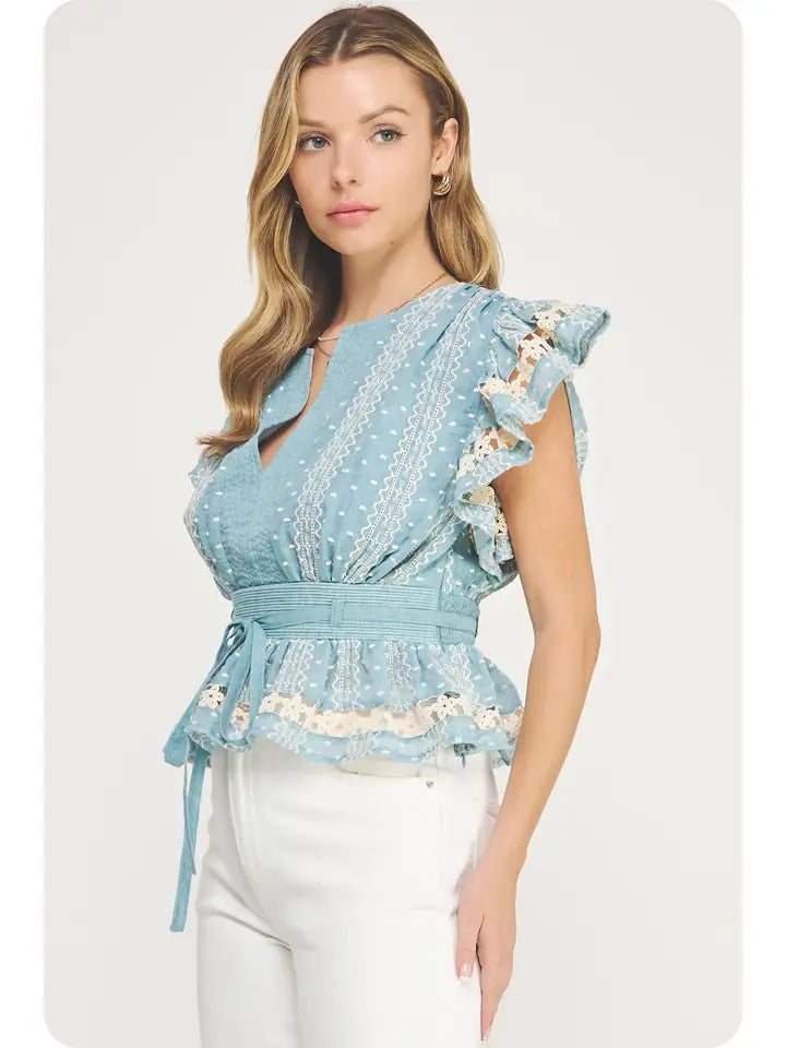 Chambray Embroidered Flutter Sleeves Lace Trim Detail Top