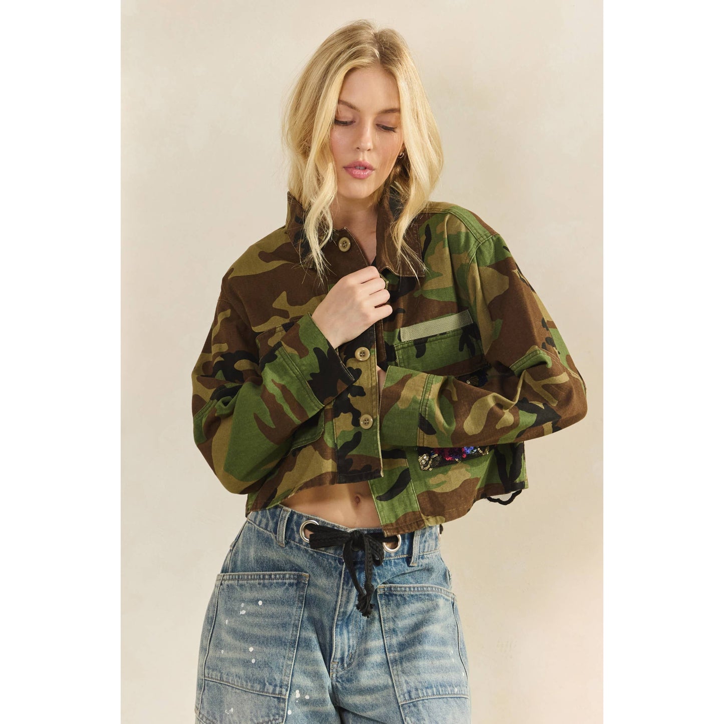 Camo Contrast Jacket: Camo Sequin