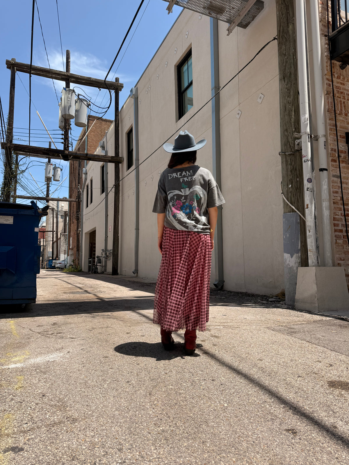 Pink and Brown Printed Mesh Long Skirt