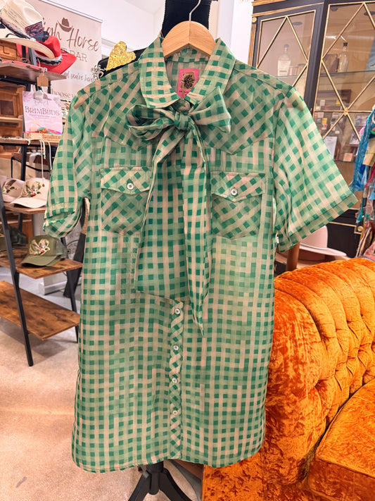 LAUREL GREEN GINGHAM MINI DRESS W/TIE-SMALL
